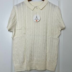 ANRABESS Cream Cable Knit Polo Sweater Top Size L CableKnit